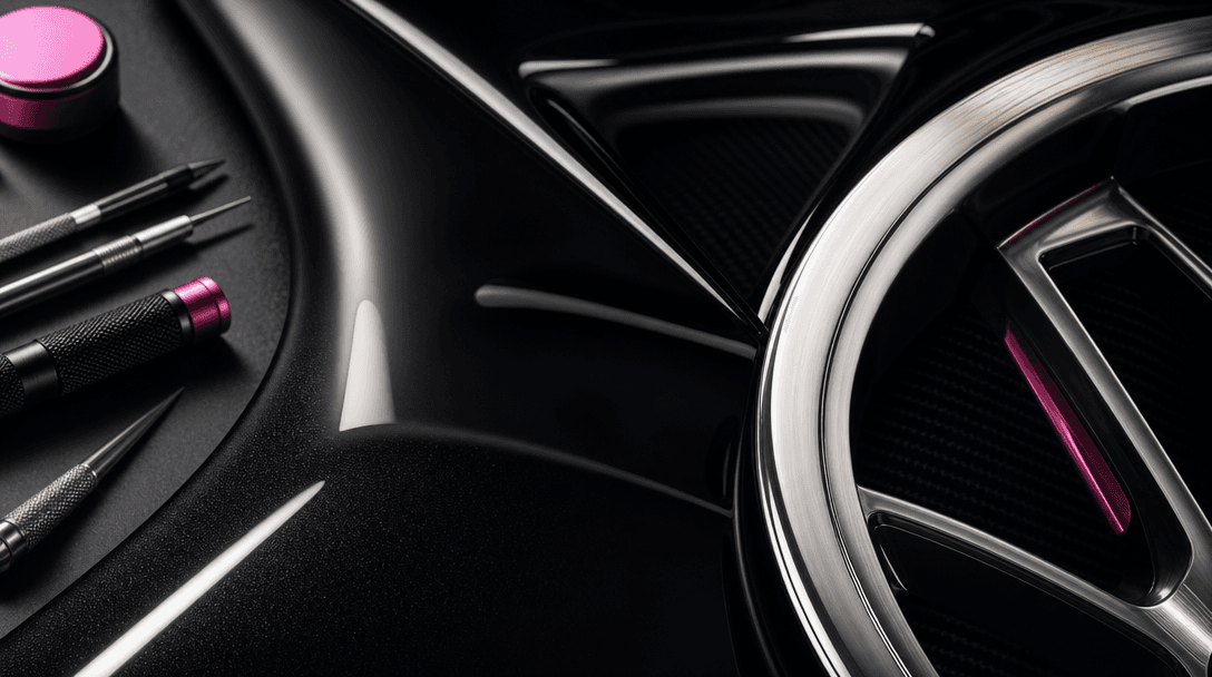 Extreme close-up of flawless automotive paint, a polished wheel edge, glass reflections, and tiny precision tools arrang