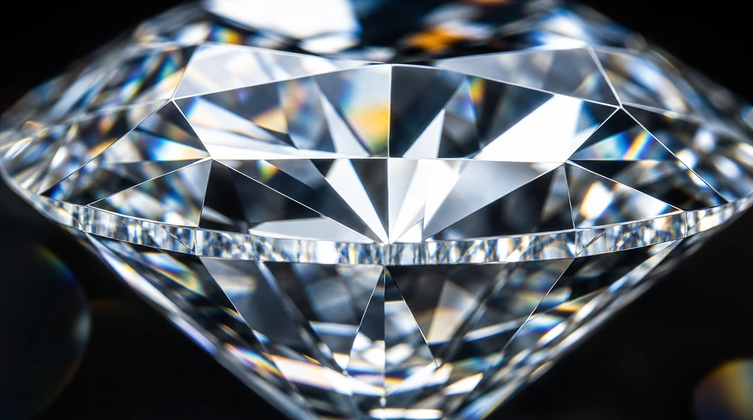 Extreme macro close-up of cut diamond catching light, sharp crystalline facets, studio professional lighting, luxury gem