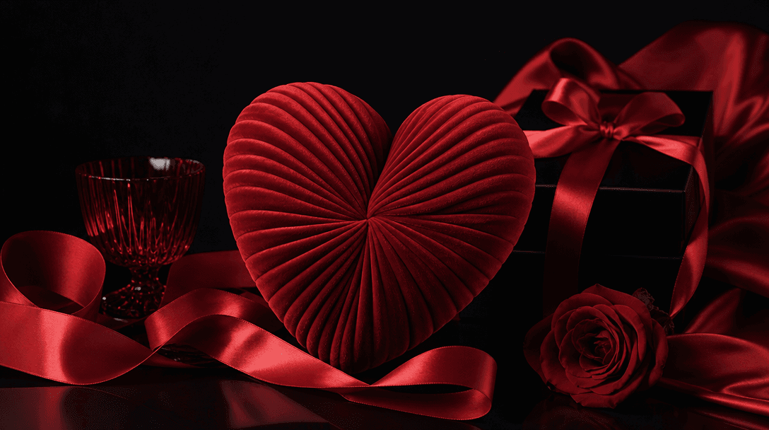 Premium Valentine's campaign still life with a sculptural red heart cushion, satin ribbon, subtle gift packaging and dee