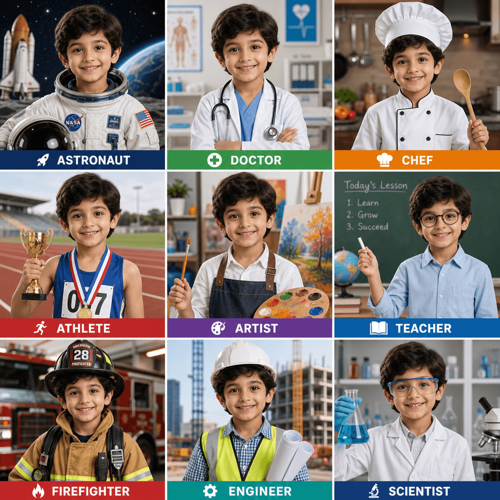A 3×3 grid layout showing same child in 9 different professions: astronaut, doctor, chef, athlete, artist, teacher, fire