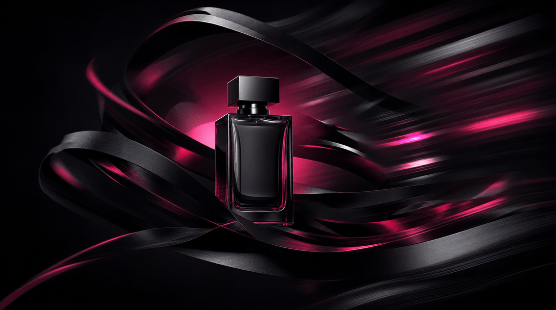 A still product packshot transforming into a sense of motion through layered arcs of black paper, stretched highlights,
