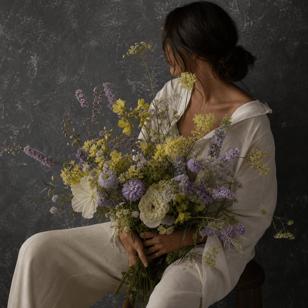 A loose meadow bouquet with pale yellow, lavender, and cream flowers in a relaxed model photoshoot. Anonymous seated fig