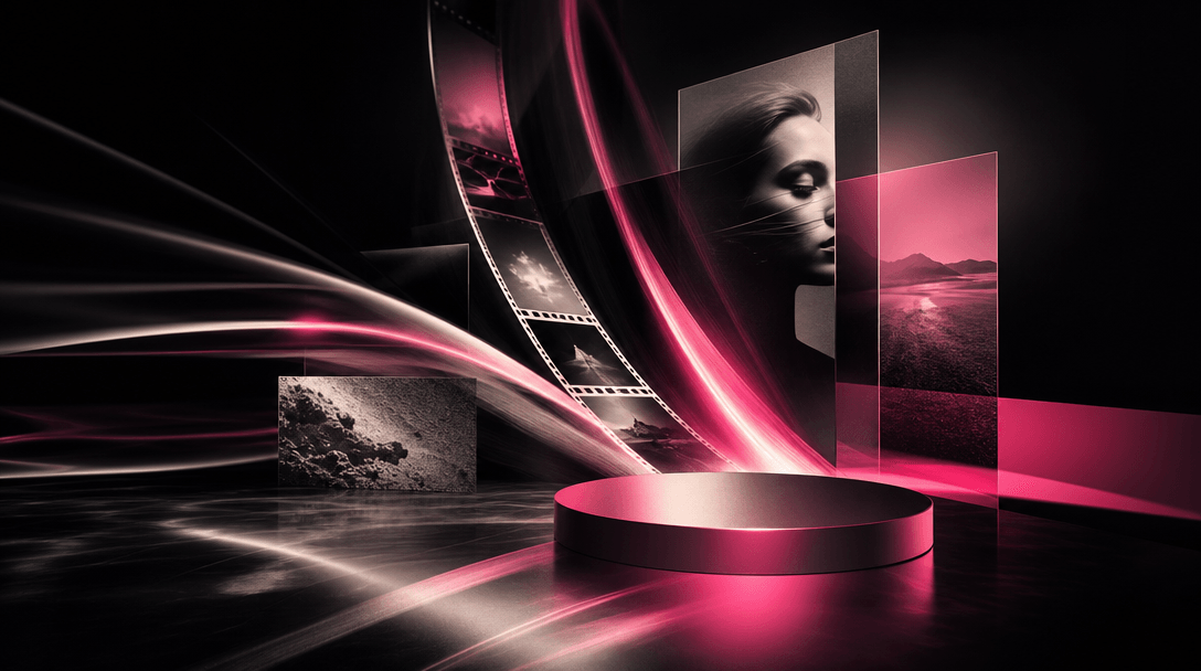 An abstract cinematic landscape where a polished product pedestal transitions into ribbons of light, motion blur, film f