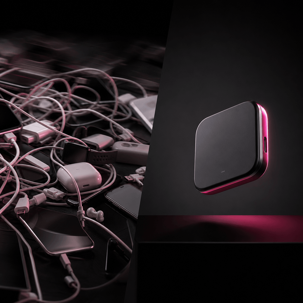 A playful technology comparison showing tangled charging cables and mismatched devices on one side, with a single elegan