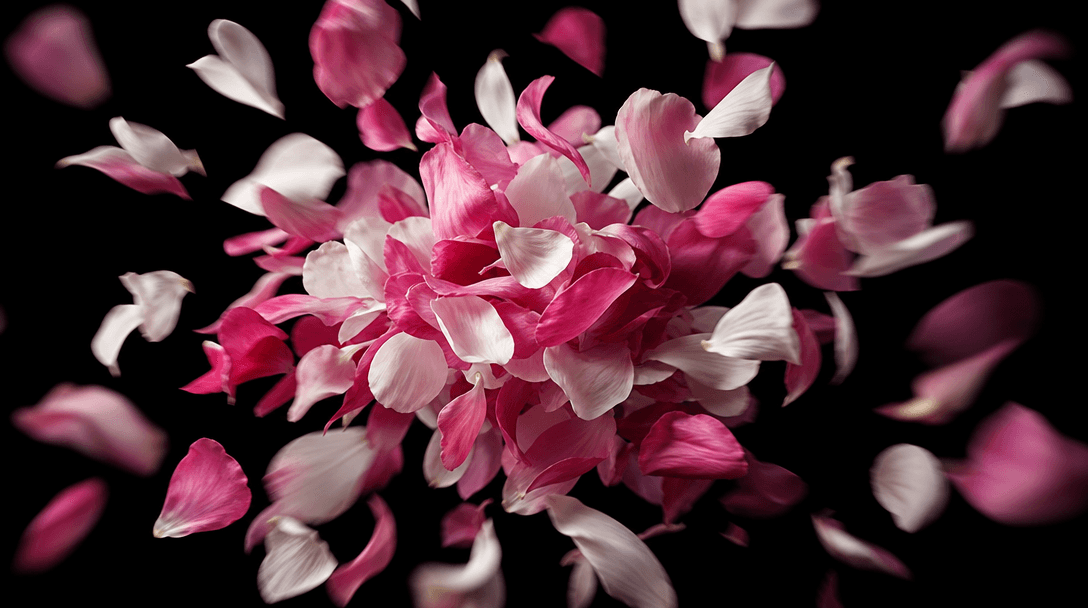 Cinematic still: abstract swirl of pink and white petals suspended mid-air against a near-black background, motion blur