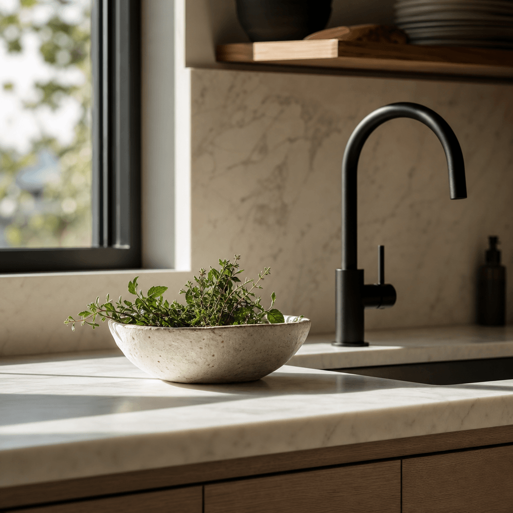 Contemporary kitchen vignette: matte black faucet above a honed Calacatta marble countertop, single handmade ceramic bow