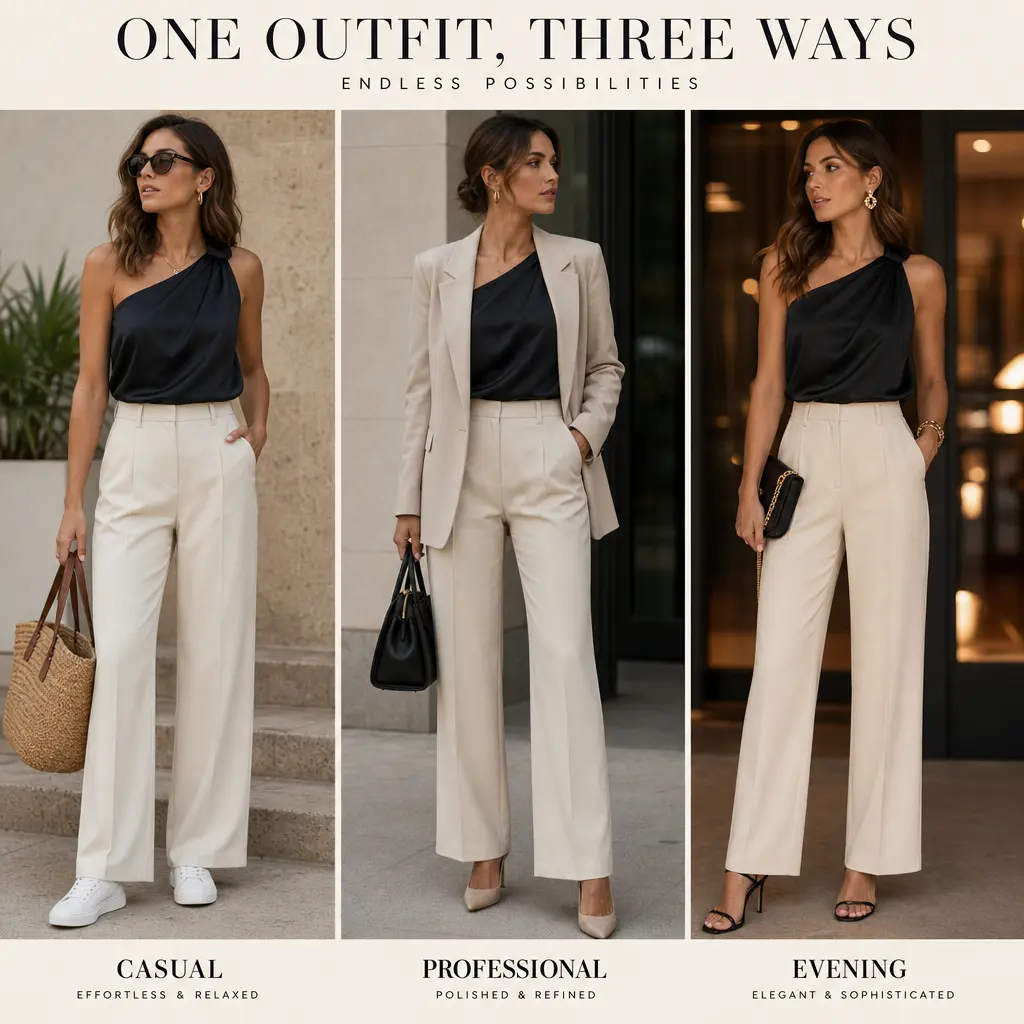 Outfit triptych showing same garment styled three ways: casual, professional, evening look. Smooth transitions, fashion