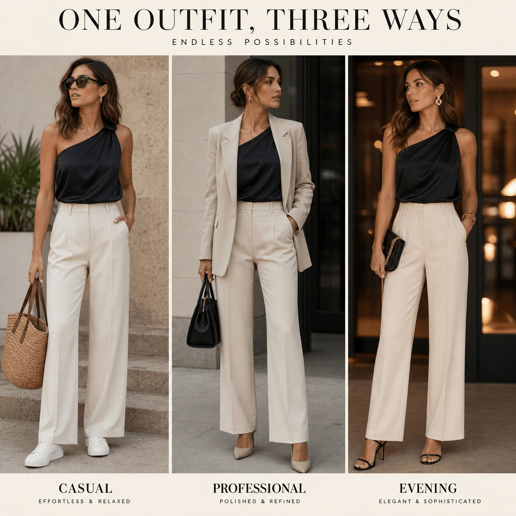 Outfit triptych showing same garment styled three ways: casual, professional, evening look. Smooth transitions, fashion