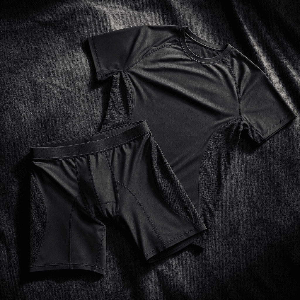 Cinematic product ad still: high-performance athletic compression shorts and training top in a precise flat lay on dark