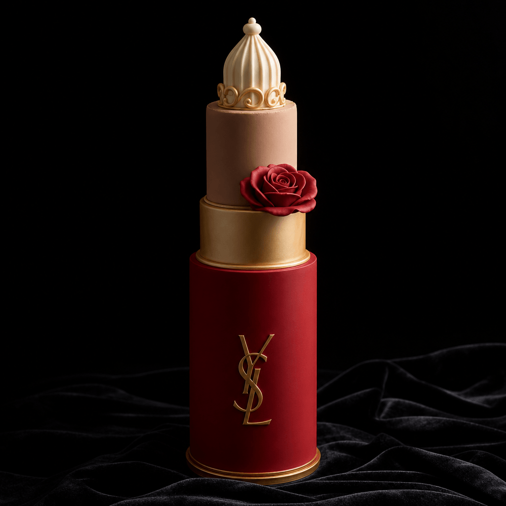 A lipstick tube transformed into a tall column cake on a dark velvet surface. The cap becomes a white chocolate finial.