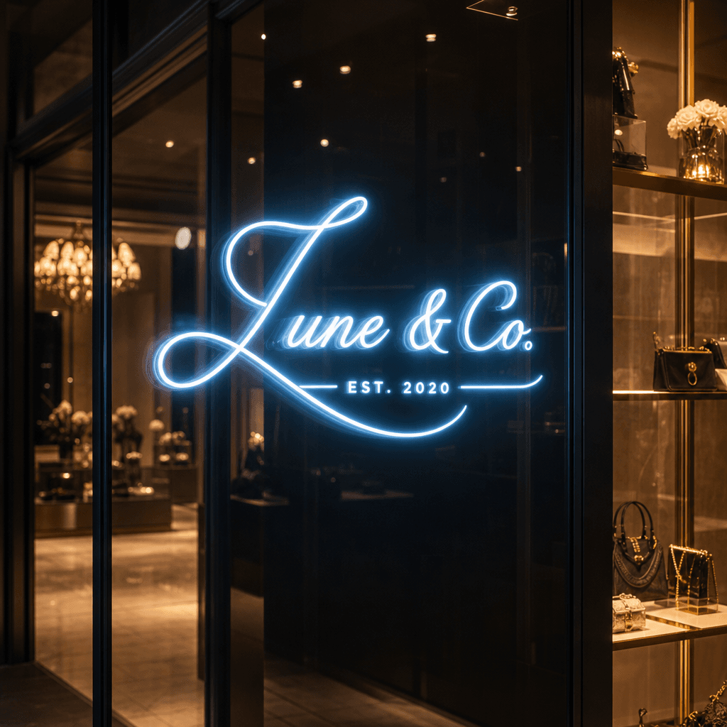 Elegant cursive neon logo in soft blue-white, mounted in upscale retail setting, glass storefront reflection, warm tungs