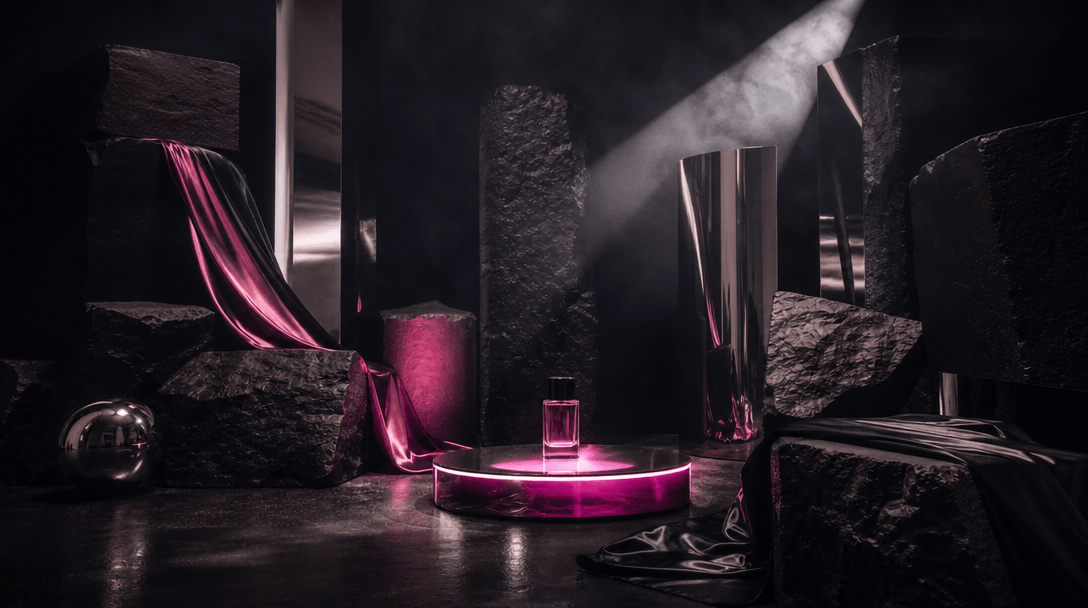 A surreal commercial set assembled from black stone blocks, satin, mirrored metal, and a glowing product pedestal, with