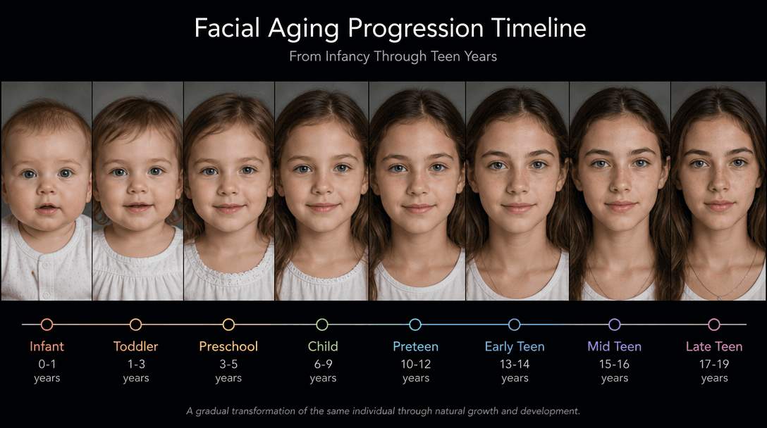 Facial aging progression timeline showing subtle transitions from infancy through teen years. Smooth morphing effects an