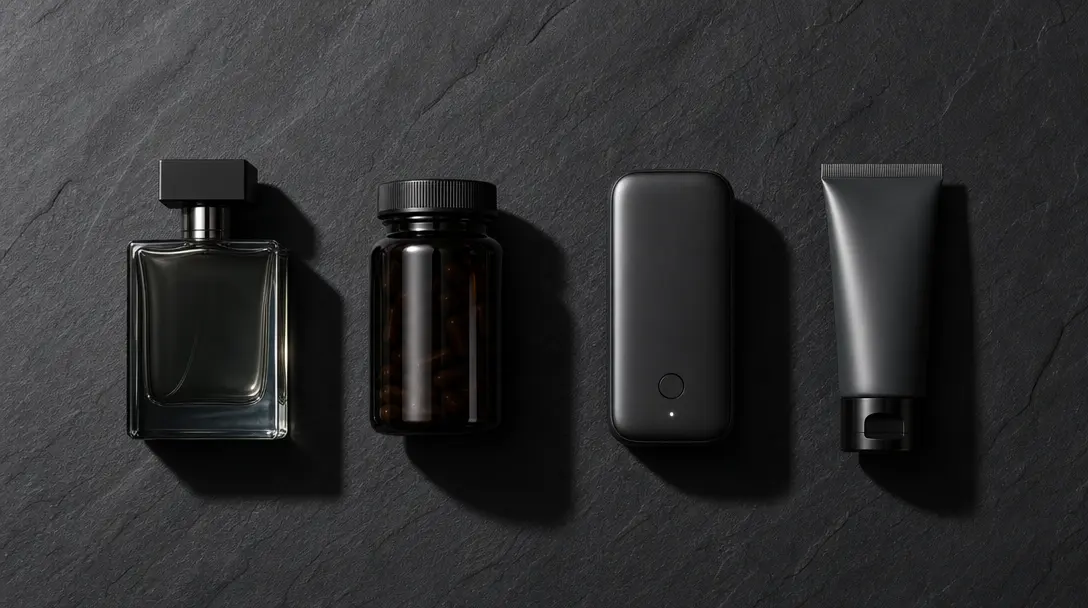 Editorial flat lay: four distinct product types — a perfume bottle, a supplement jar, a sleek gadget, and a skincare tub