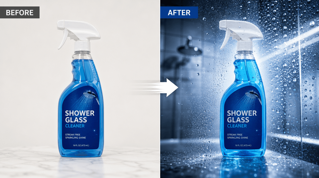 Split-screen before-and-after composition showing plain product image transforming into shower-glass enhanced version, w