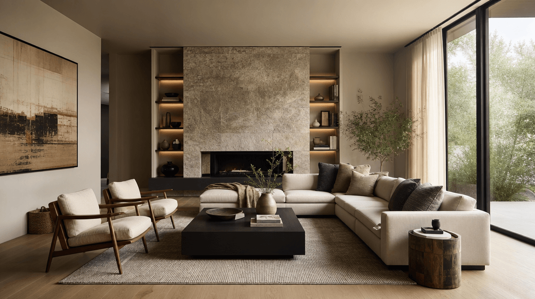 Professional interior design portfolio image, publication-quality photograph, sophisticated color grading, suitable for