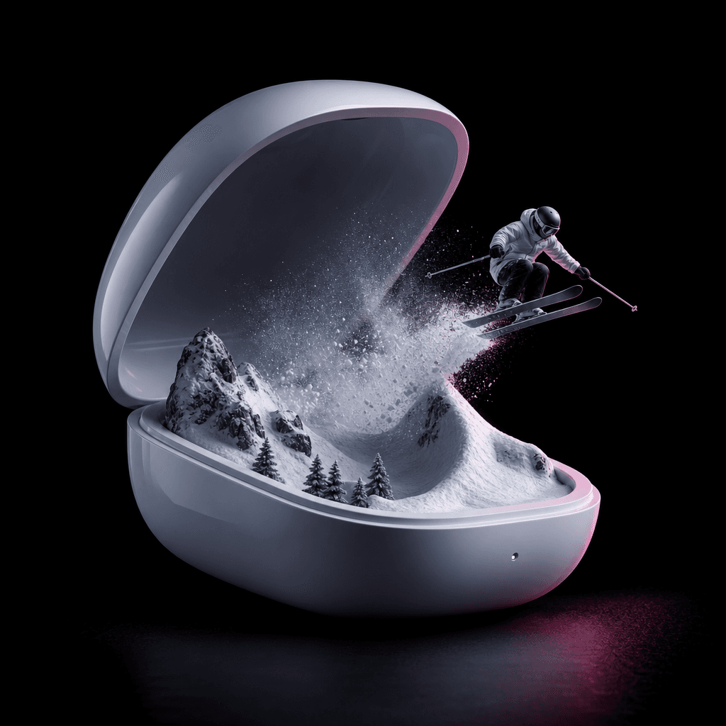 A sculptural white wireless headphone case reimagined as a miniature alpine bowl, with one anonymous skier launching fro