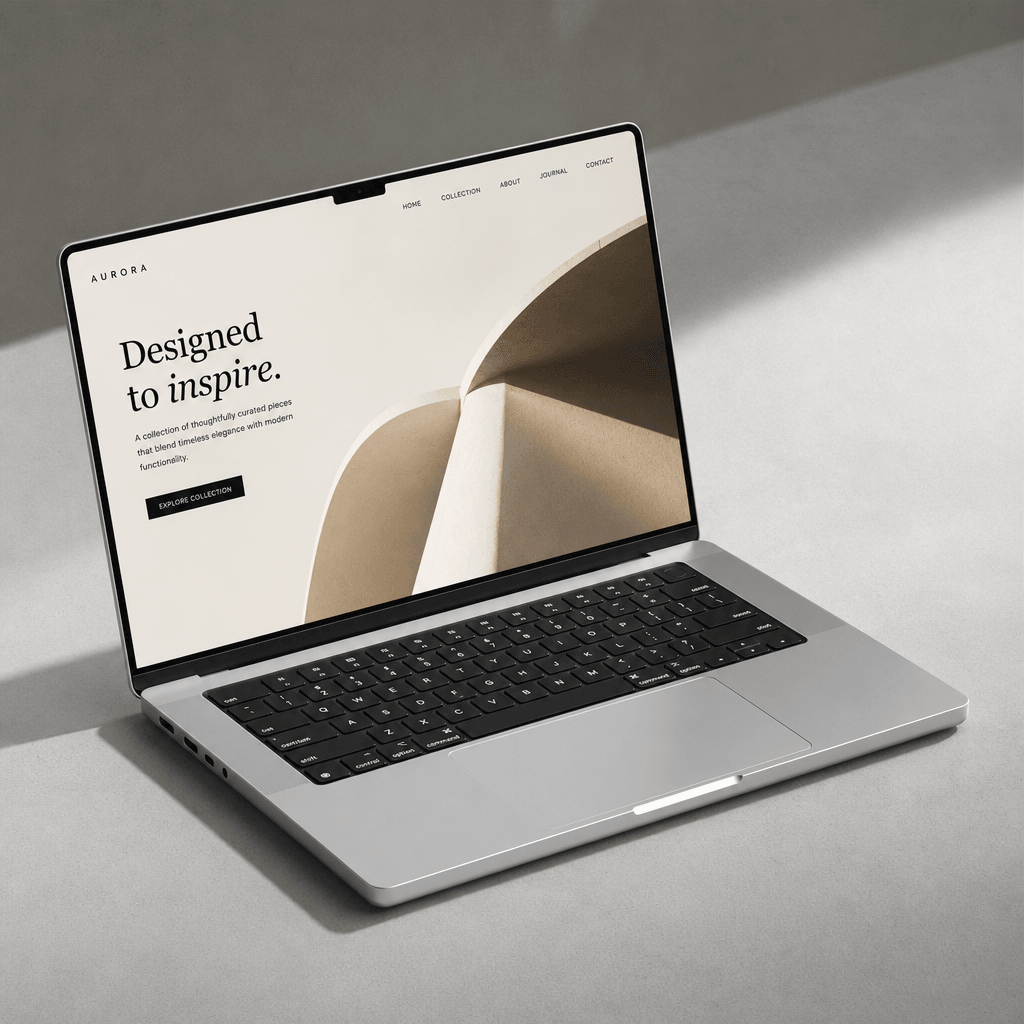 Isometric laptop mockup with minimal bezel design from clean 30-degree angle, aluminum texture, editorial lighting