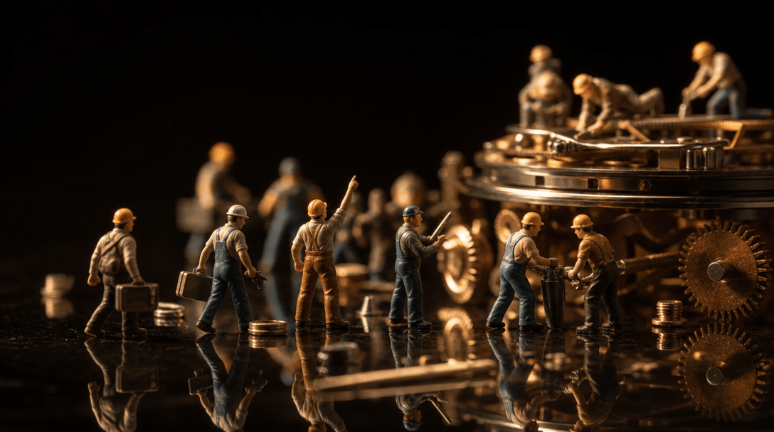 Wide editorial macro scene. A collection of miniature worker figurines on a dark polished reflective surface — some carr