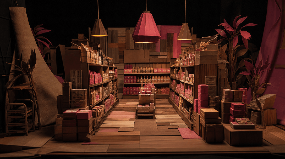 A cinematic miniature shopping aisle built from layered paper, fabric, wood, and product packaging materials, arranged l