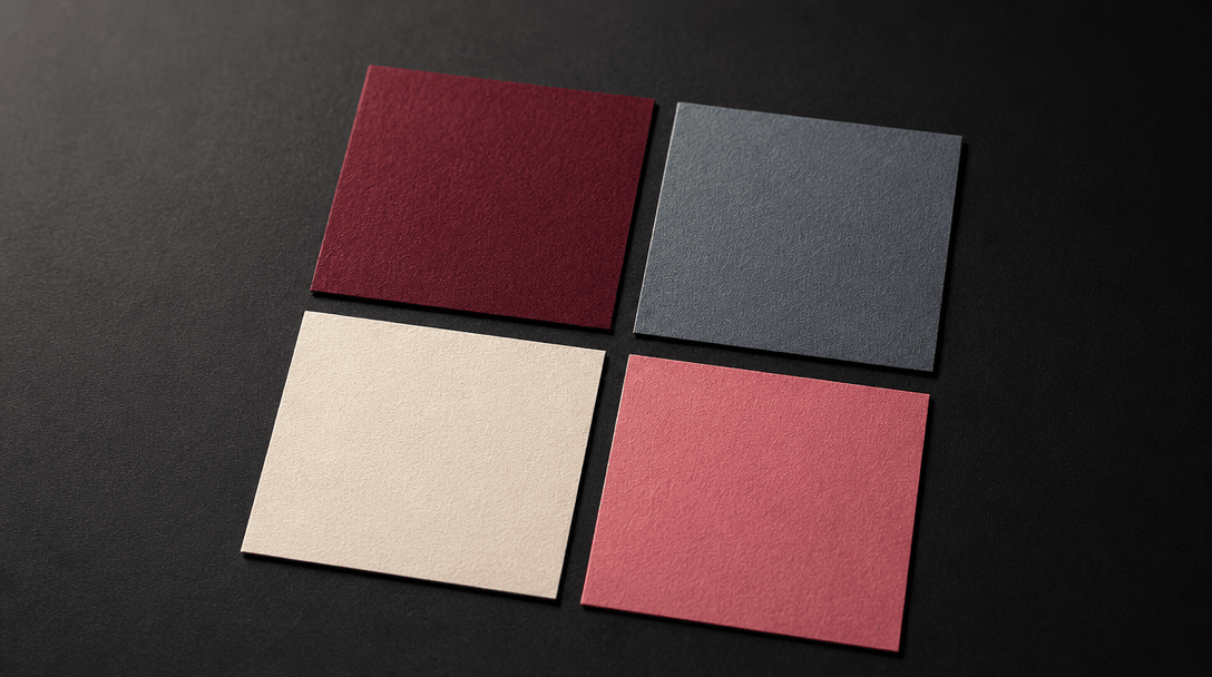 Abstract macro shot of ink color swatches arranged in a precise geometric grid on a near-black matte surface: deep burgu