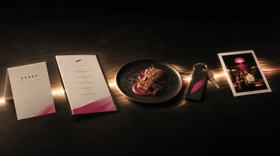 A connected hospitality campaign scene showing a review card, menu, plated dish, room key, and social-photo print aligne