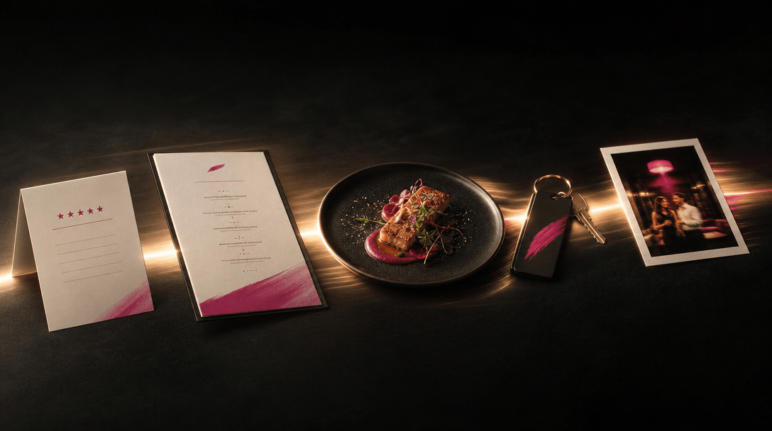 A connected hospitality campaign scene showing a review card, menu, plated dish, room key, and social-photo print aligne