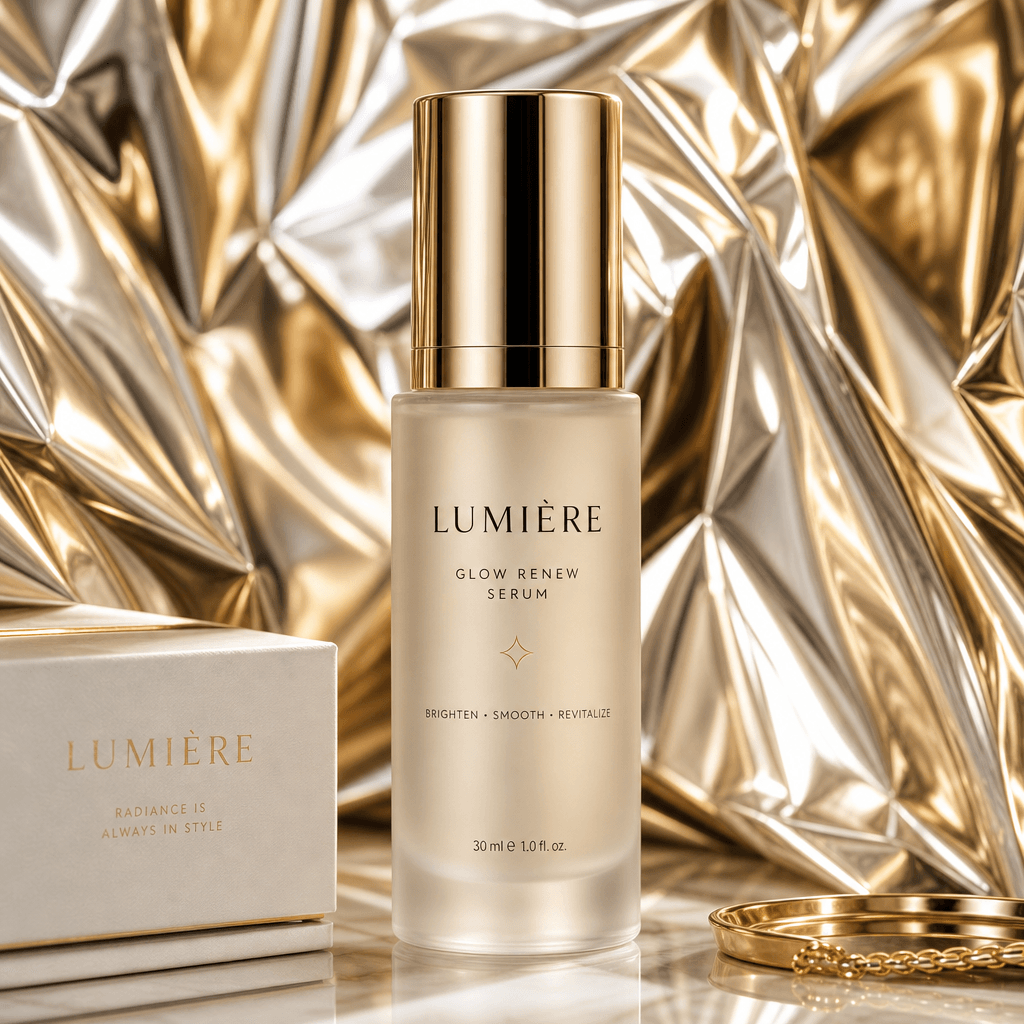 A skincare product elegantly presented against a shiny foil backdrop. The scene should be well-lit to accentuate the foi