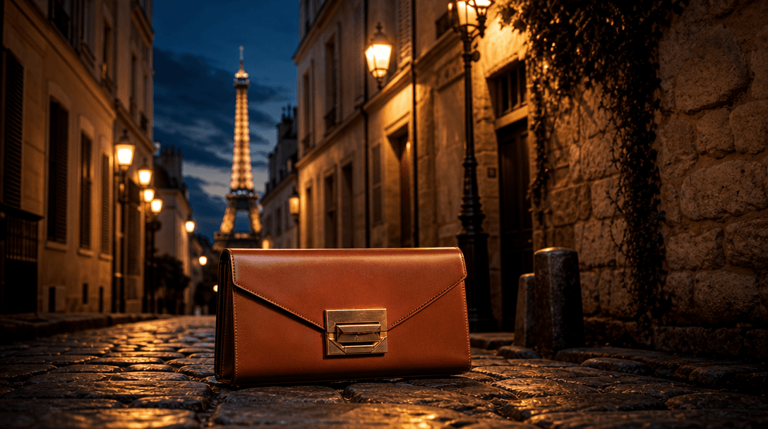 Wide cinematic scene: a luxury structured leather clutch bag dramatically lit against a Parisian cobblestone alley at du