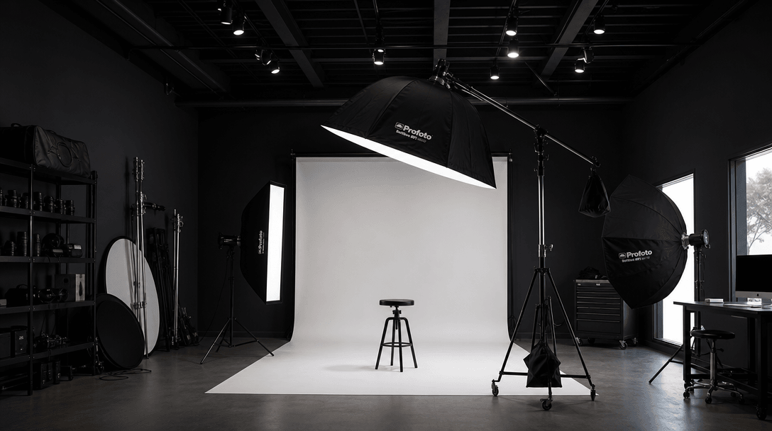 Professional photography studio interior. Large studio lights with soft modifiers, dark minimalist walls, sharp professi