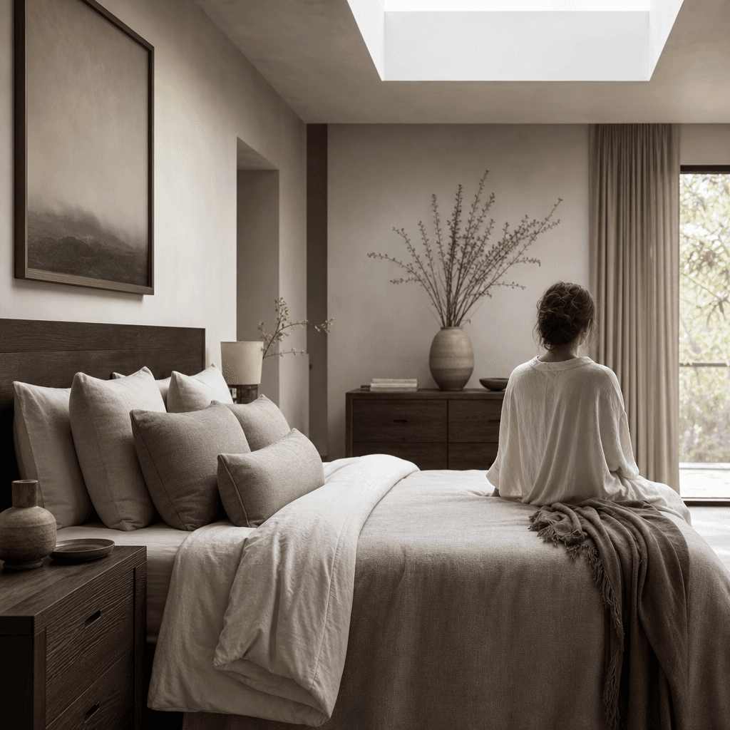 Master bedroom with layered linen bedding and dark-stained timber furniture. Soft morning skylight. A figure sits at the
