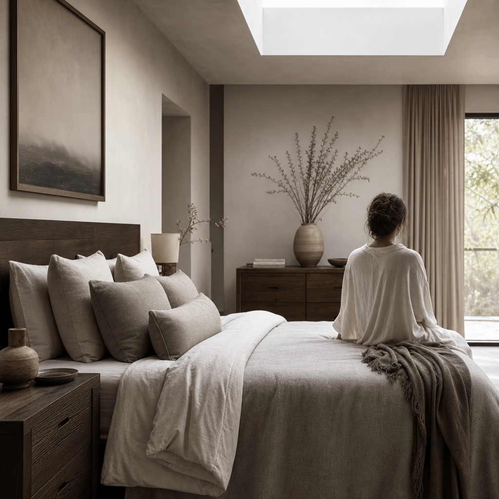 Master bedroom with layered linen bedding and dark-stained timber furniture. Soft morning skylight. A figure sits at the