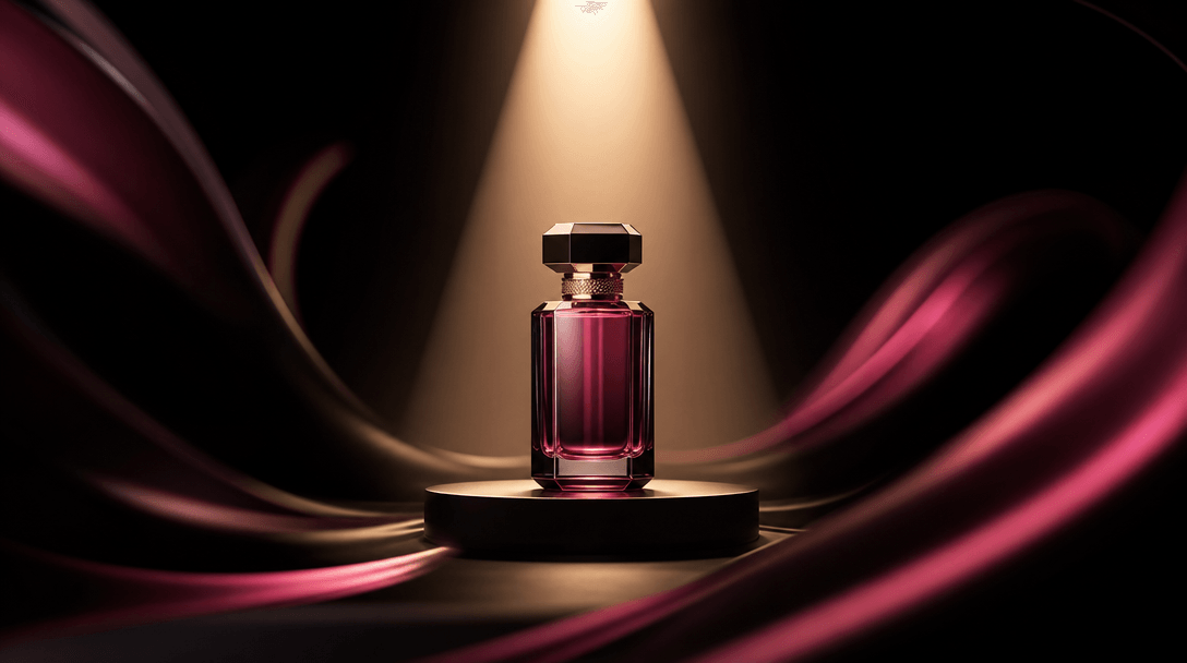 A single pristine product silhouette isolated inside a precise cone of warm studio light, surrounded by sweeping blurred