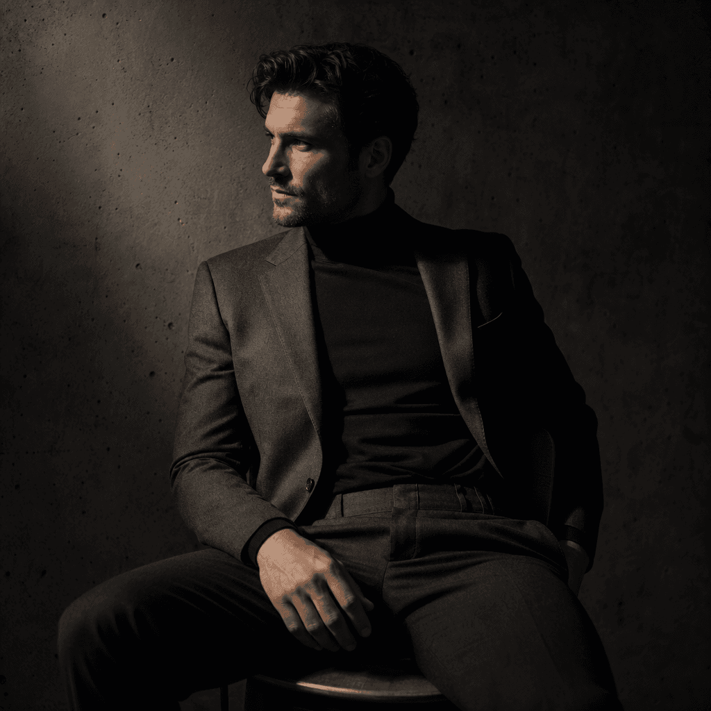 Square editorial portrait of an anonymous adult man in a tailored charcoal suit, seated against a textured concrete wall