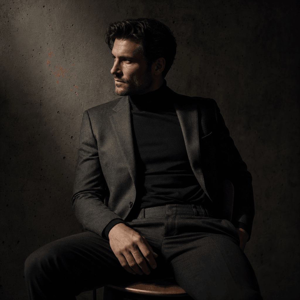 Square editorial portrait of an anonymous adult man in a tailored charcoal suit, seated against a textured concrete wall