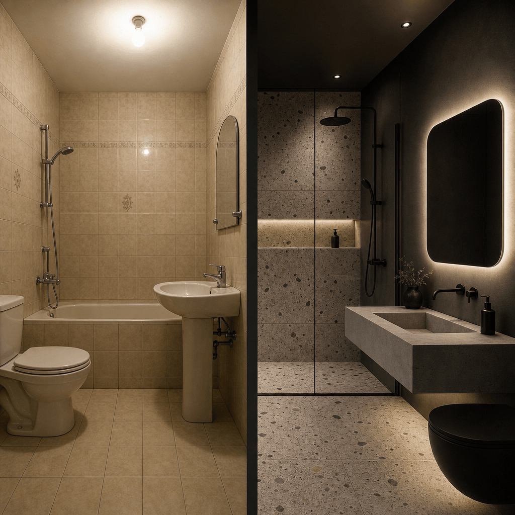 Editorial square bathroom transformation, split vertically. Left side: dated beige ceramic tile, chrome fittings, harsh