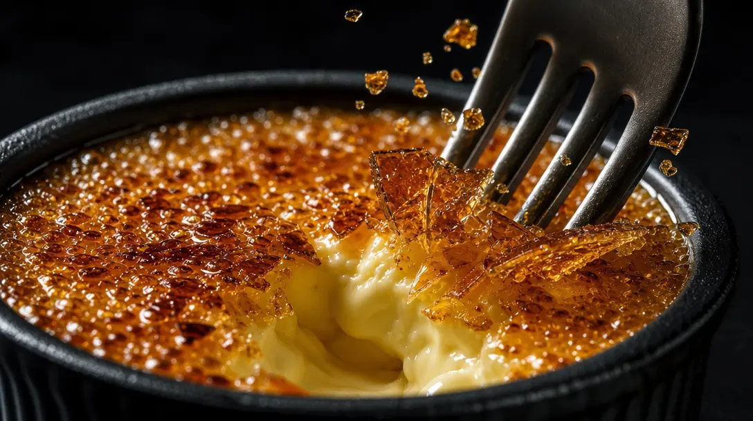 Macro close-up of fork cutting through silky creme brulee, caramelized sugar shell shattering mid-cut. Ultra-high defini