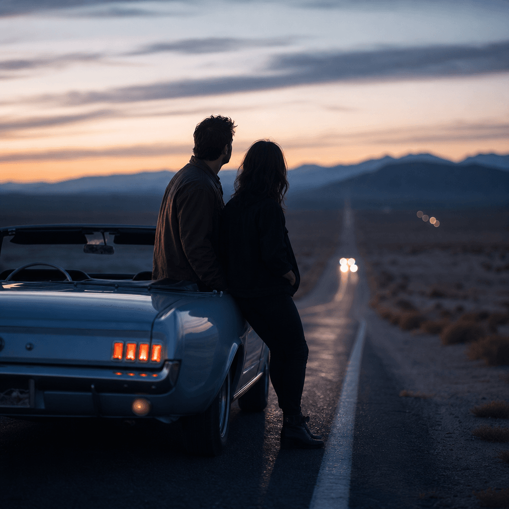 An anonymous adult couple beside a vintage convertible on a desert road during blue hour, distant mountains and faint he