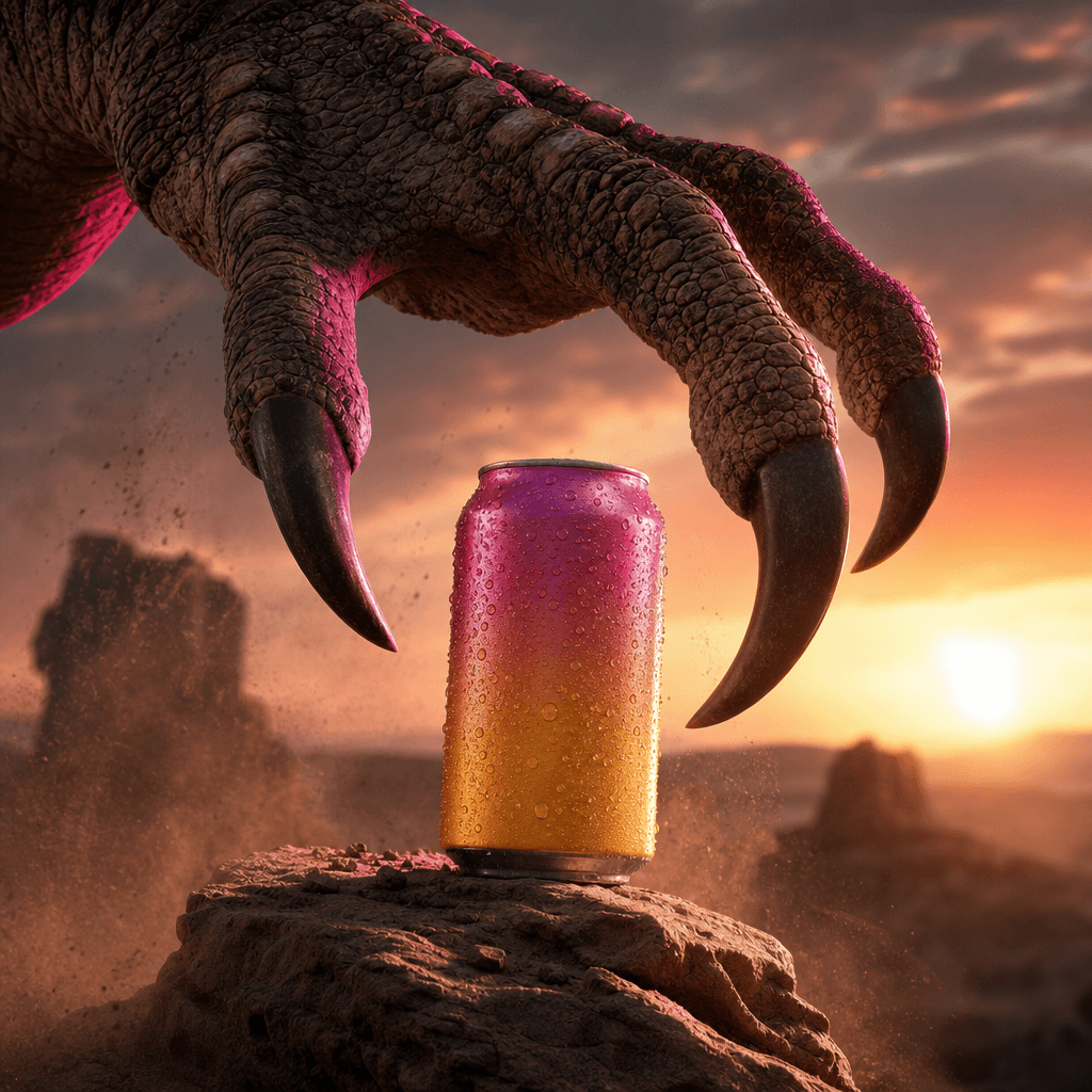 A dinosaur claw reaching into a dramatic desert product set to seize a colorful beverage can from a weathered rock, dust