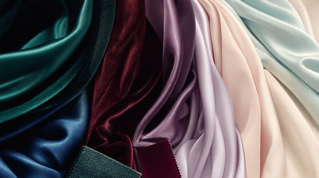 Abstract composition of fabric swatches and colors transitioning - rich jewel tones (emerald, sapphire, burgundy) fading