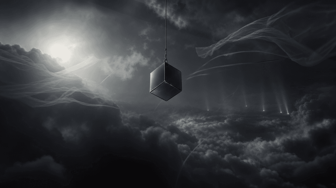 An empty aerial film set imagined abstractly through a product suspended above rolling clouds, surrounded by subtle trac