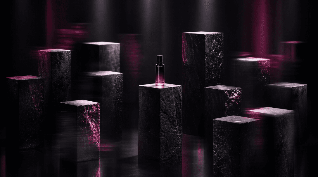 An abstract retail landscape formed from twelve dark stone plinths arranged in a precise visual rhythm, each catching a