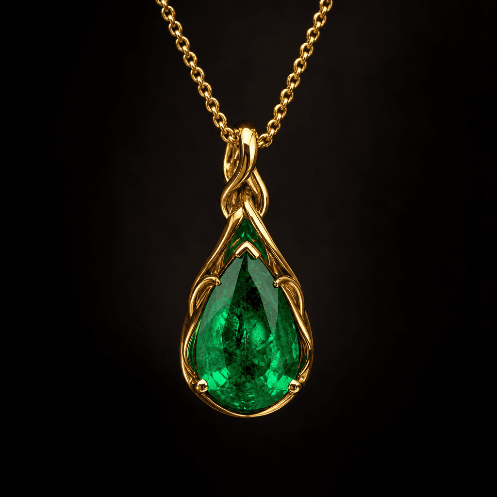 A yellow gold pendant necklace with a teardrop-cut emerald suspended mid-frame against deep charcoal. Dramatic direction