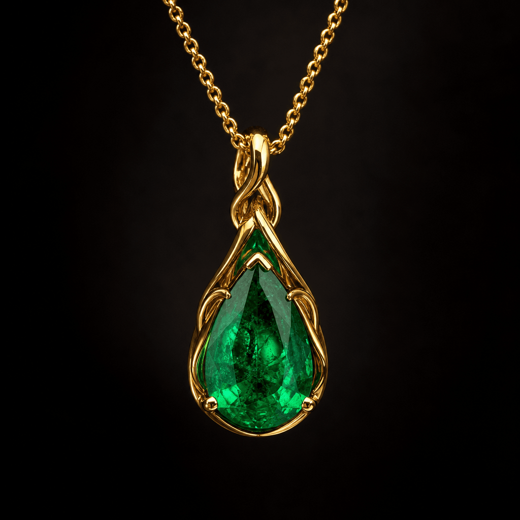 A yellow gold pendant necklace with a teardrop-cut emerald suspended mid-frame against deep charcoal. Dramatic direction
