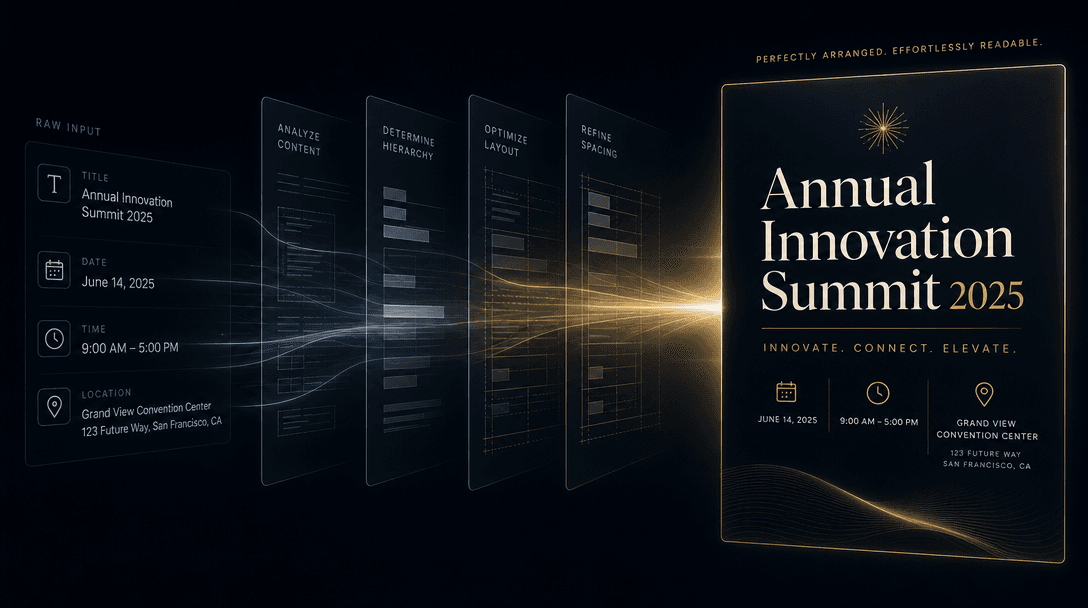 Abstract visualization of intelligent text layout and hierarchy: event details (title, date, time, location) flowing int