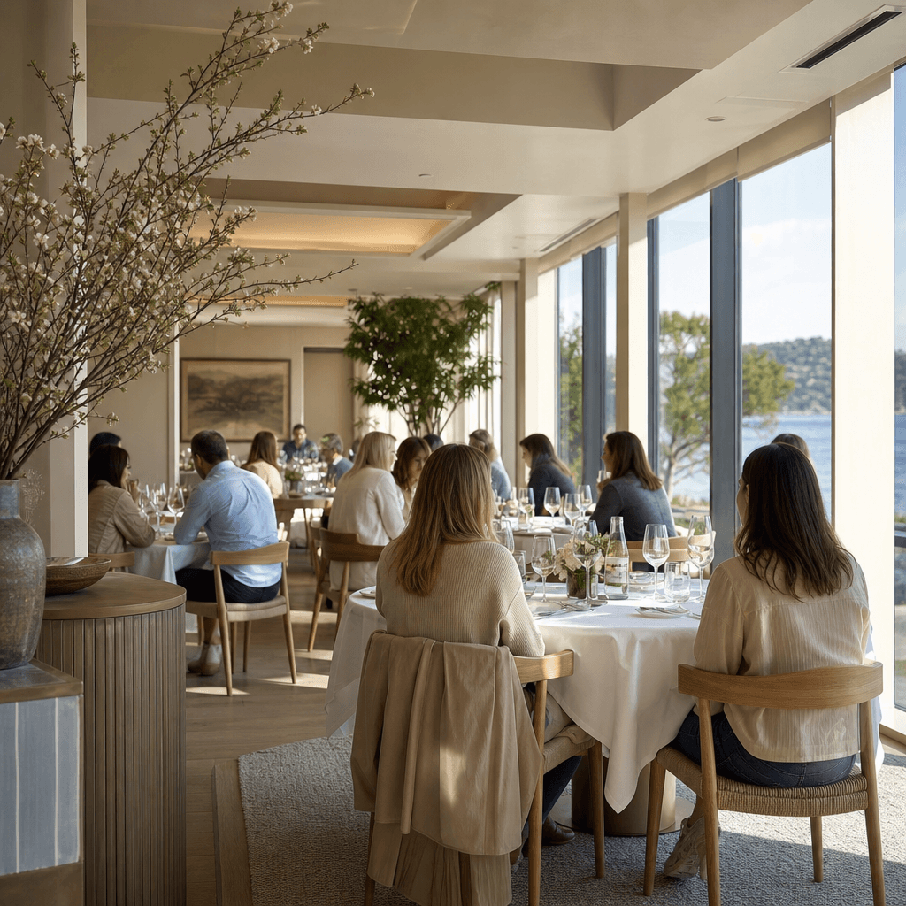 A daytime restaurant interior render populated with casually dressed diners at white-linen tables, floor-to-ceiling wind