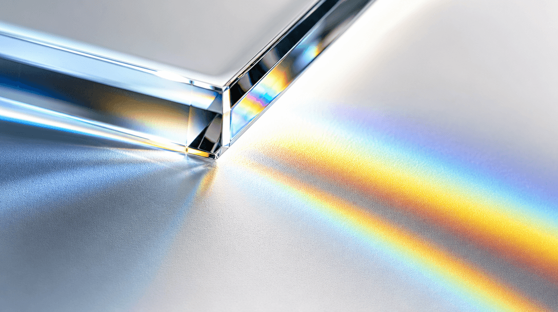 Extreme macro close-up of a beveled glass edge catching direct studio light, creating a sharp spectrum of refracted colo