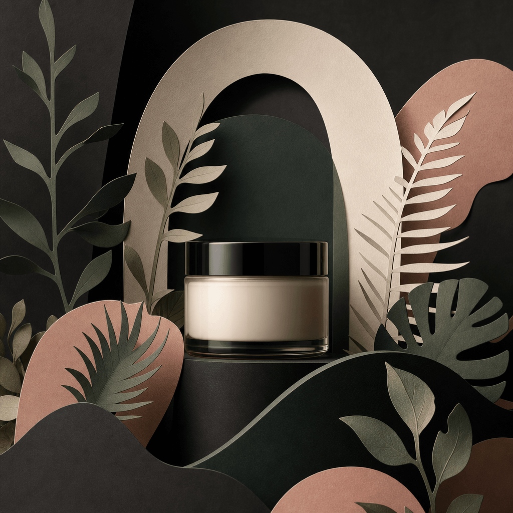 A minimalist skincare jar arranged inside layered botanical paper cutouts, cream, charcoal, muted sage, and blush materi