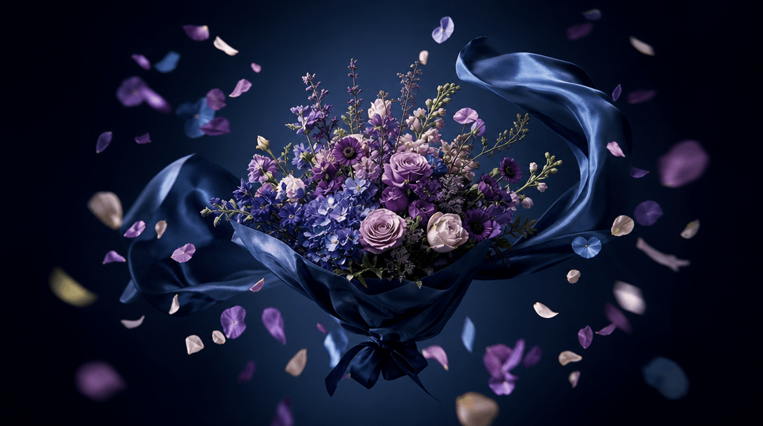 Loose flower petals and silk wrapping suspended in a controlled arc around a central bouquet, suggesting elegant motion