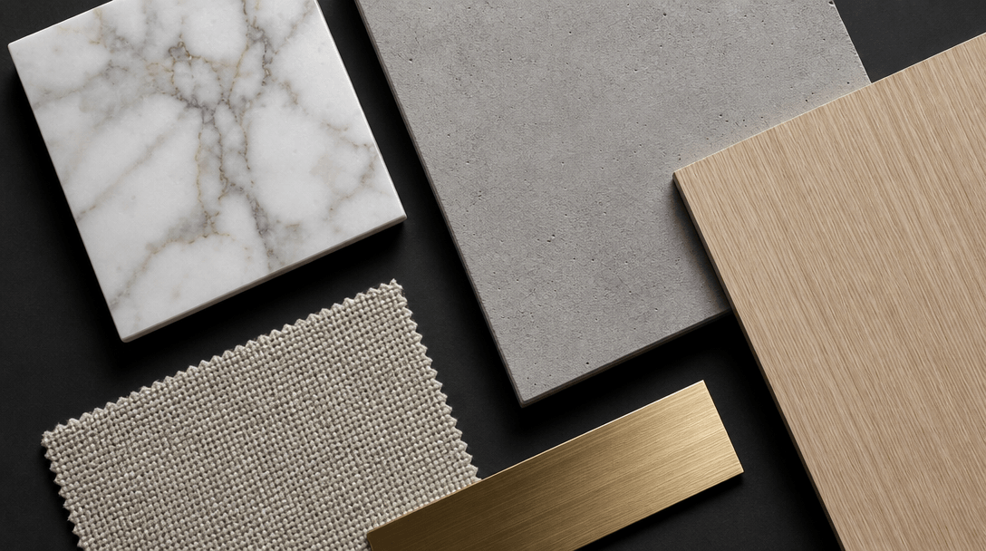 Flat lay of architectural material samples arranged on a matte black surface — a marble tile chip, smooth concrete panel